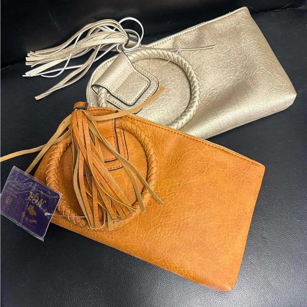 (2) Brand new Fringe Circle Wristlet Clutch - Tan and Metallic Gold